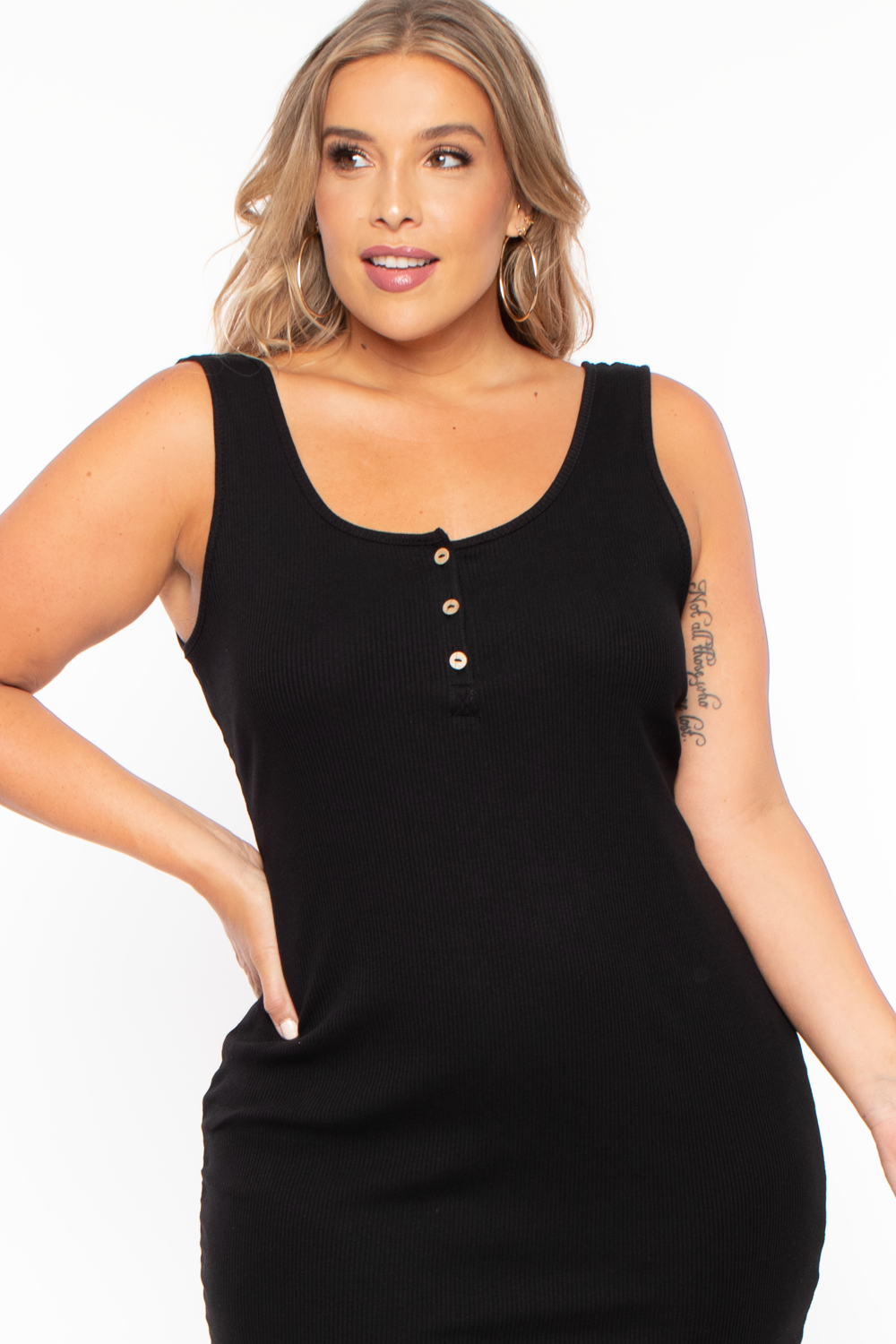 Plus Size Button Rib Tank Bodycon Dress - Black - Curvy Sense