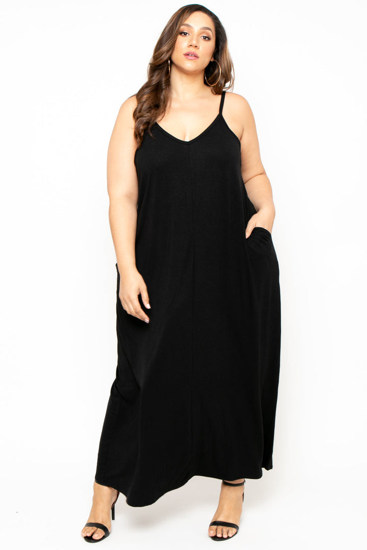 Plus Size Cami Strap Maxi Dress - Black - Curvy Sense