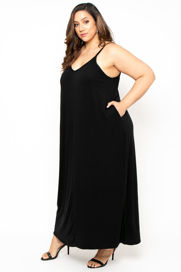 Plus Size Cami Strap Maxi Dress - Black - Curvy Sense