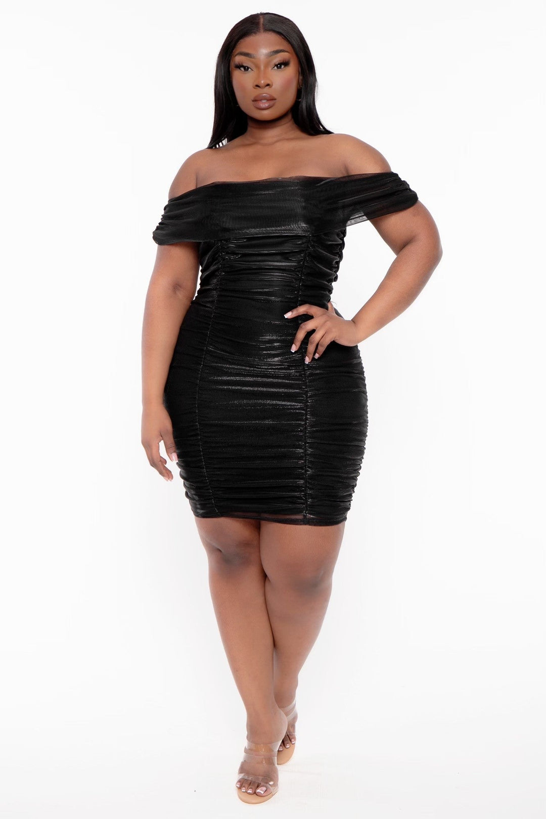 Curvy Sense Dresses Plus Size Celestia Ruched Off the Shoulder Dress - Black