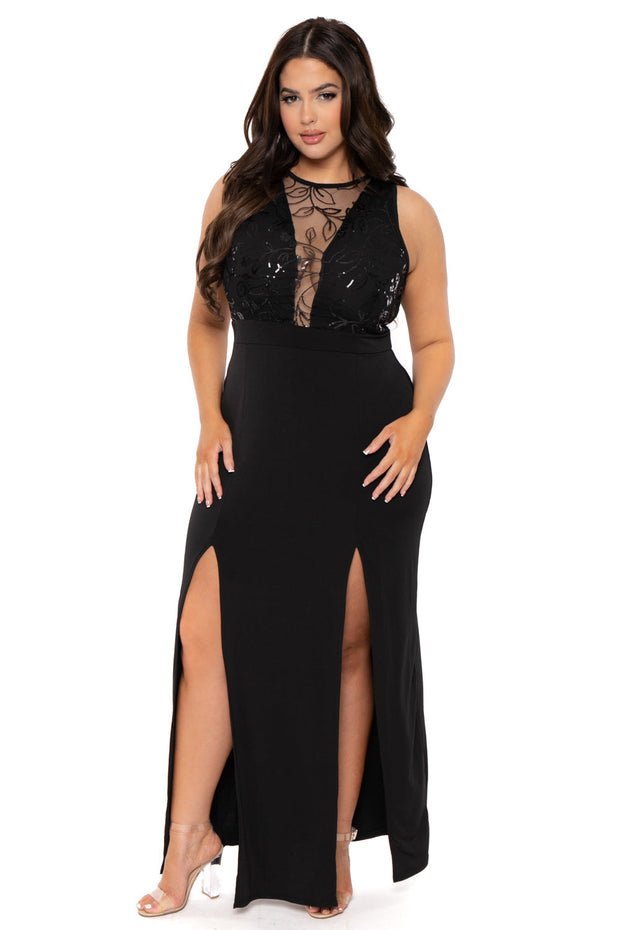 Curvy Sense Dresses Plus Size Chiara M- Slit Maxi Dress - Black