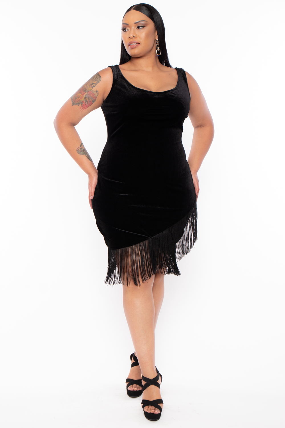 Plus Size Delilah Fringe Velvet Dress - Black - Curvy Sense