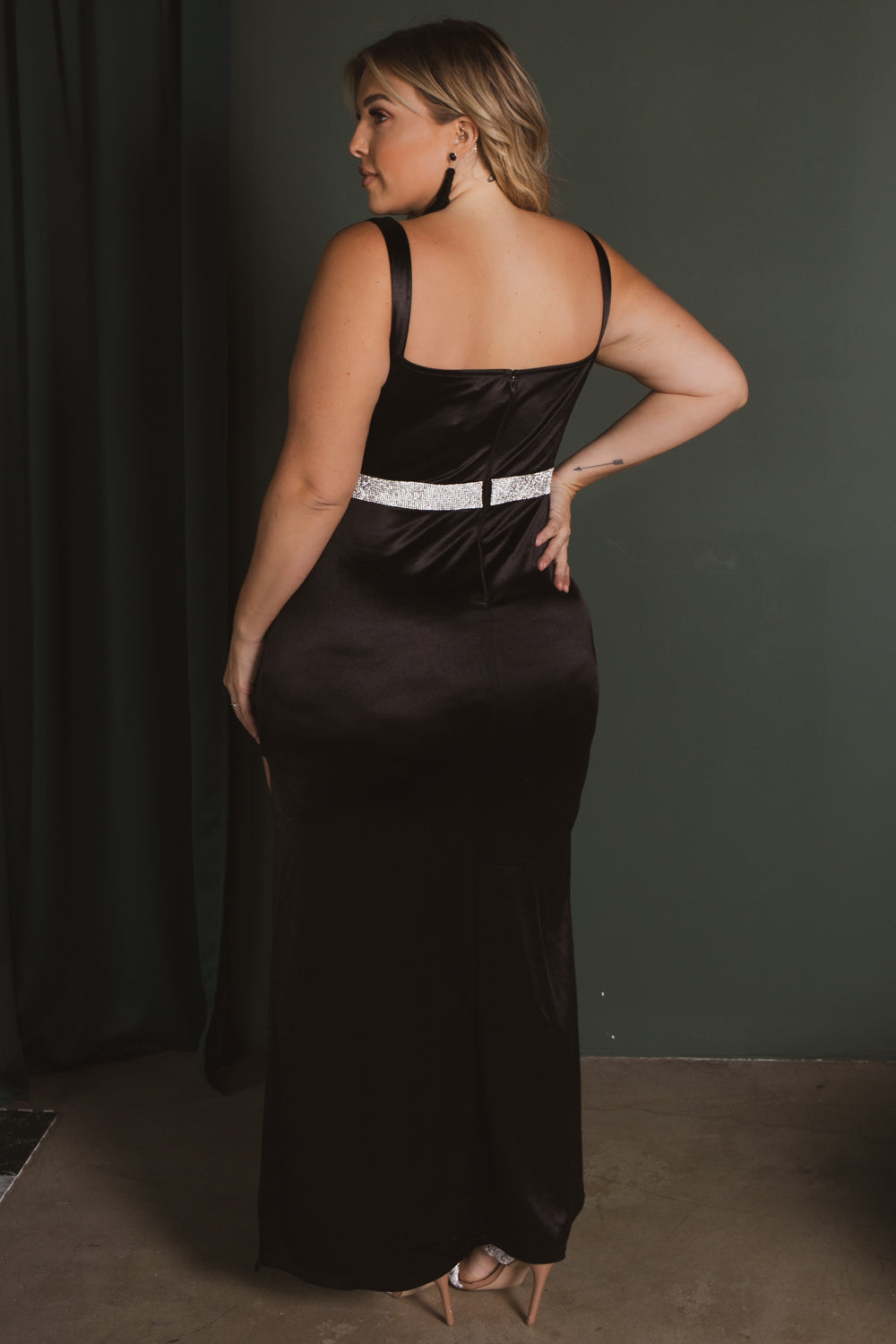 SYMPHONY Dresses Plus Size Donnetta Satin Gown- Black