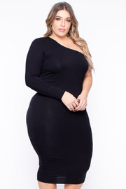 Plus Size Ebony One Shoulder Dress - Black - Curvy Sense