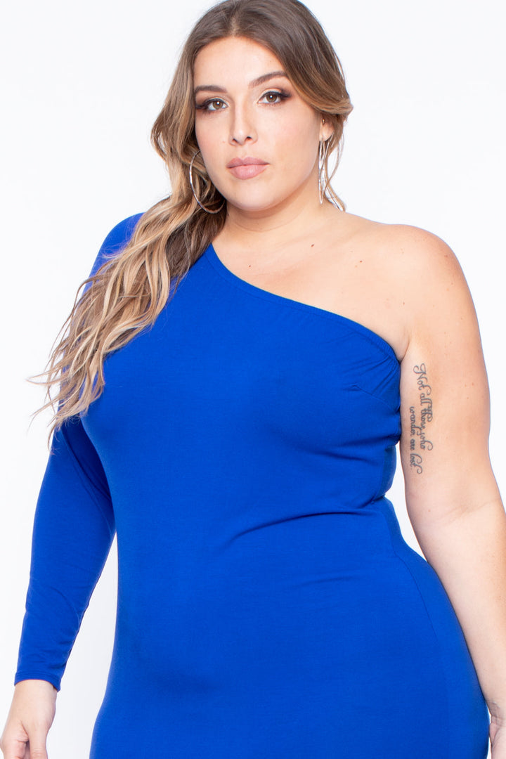 Plus Size Ebony One Shoulder Dress - Royal Blue - Curvy Sense