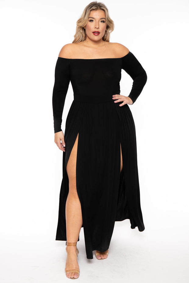 Curvy Sense Dresses 1X / Black Plus Size Eliana M- Slit Dress- Black