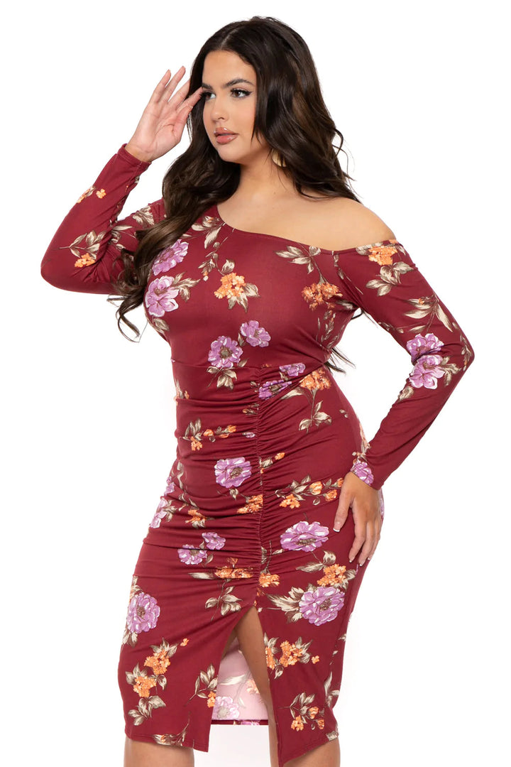Curvy Sense Dresses Plus Size Floral Nadia One Shoulder Dress- Burgundy