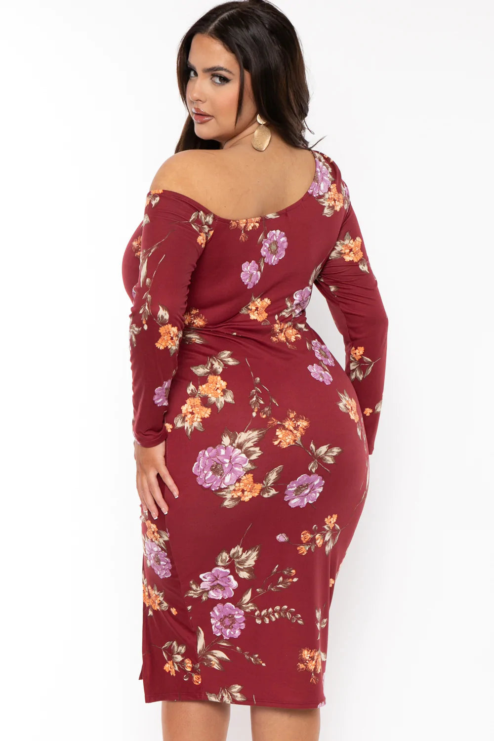 Curvy Sense Dresses Plus Size Floral Nadia One Shoulder Dress- Burgundy