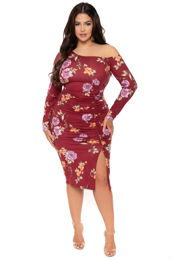 Curvy Sense Dresses 1X / Burgundy Plus Size Floral Nadia One Shoulder Dress- Burgundy