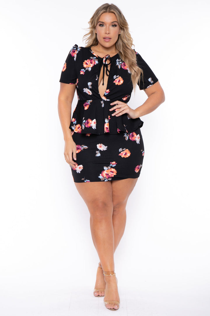 Curvy Sense Dresses Plus Size Floral Peplum Dress  - Black