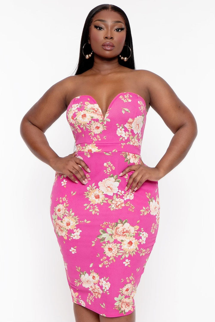 Curvy Sense Dresses Plus Size Floral Print Bodycon Dress - Hot Pink
