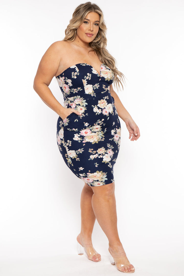 Curvy Sense Dresses Plus Size Floral Print Bodycon Dress - Navy