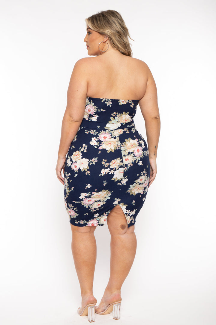 Curvy Sense Dresses Plus Size Floral Print Bodycon Dress - Navy