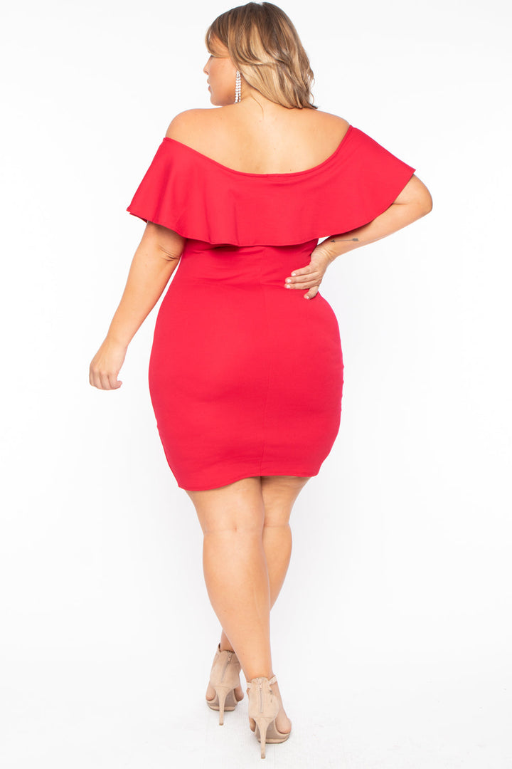 Plus Size Frill Bodycon Dress - Red - Curvy Sense