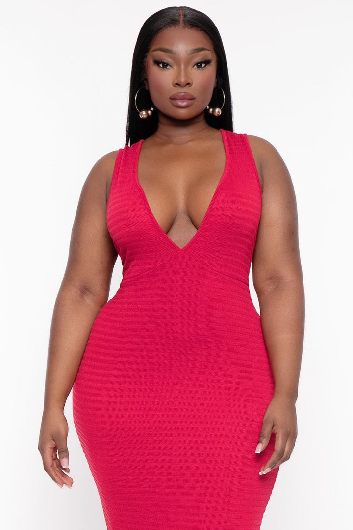 Curvy Sense Dresses Plus Size Jane Ribbed  Midi Dress - Red
