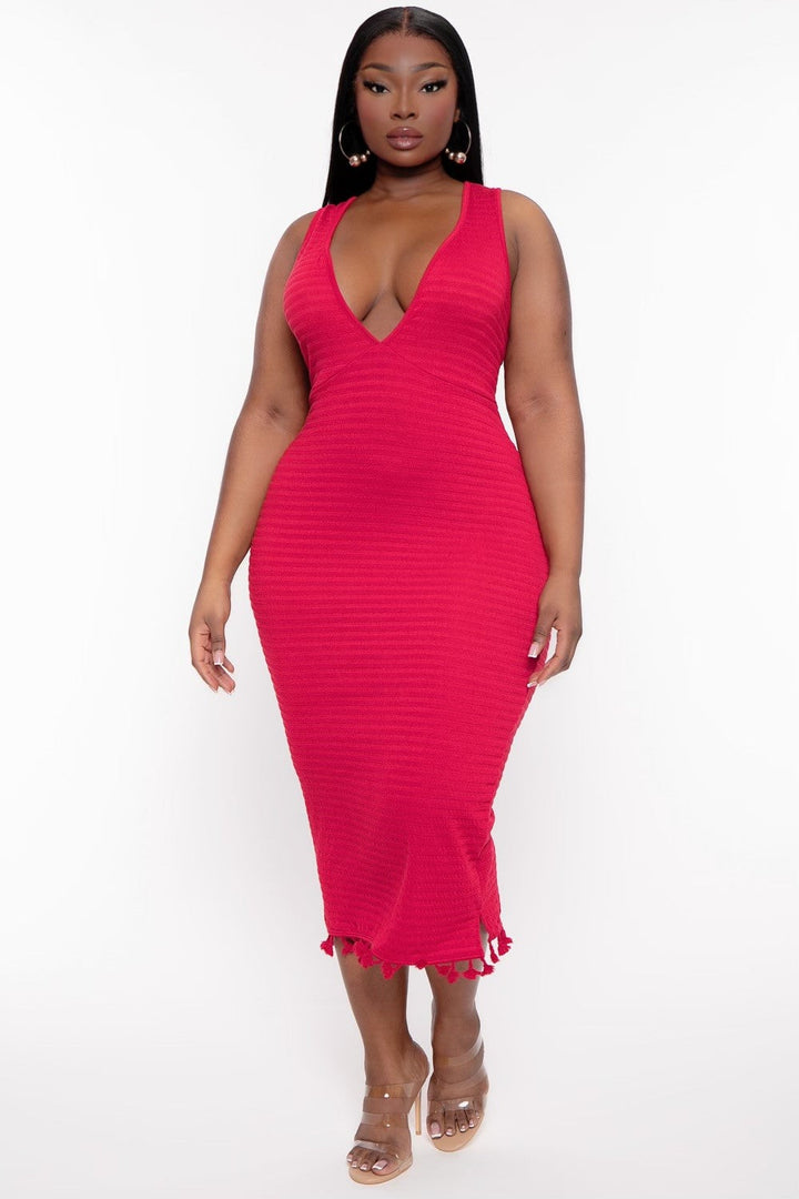 Curvy Sense Dresses Plus Size Jane Ribbed  Midi Dress - Red