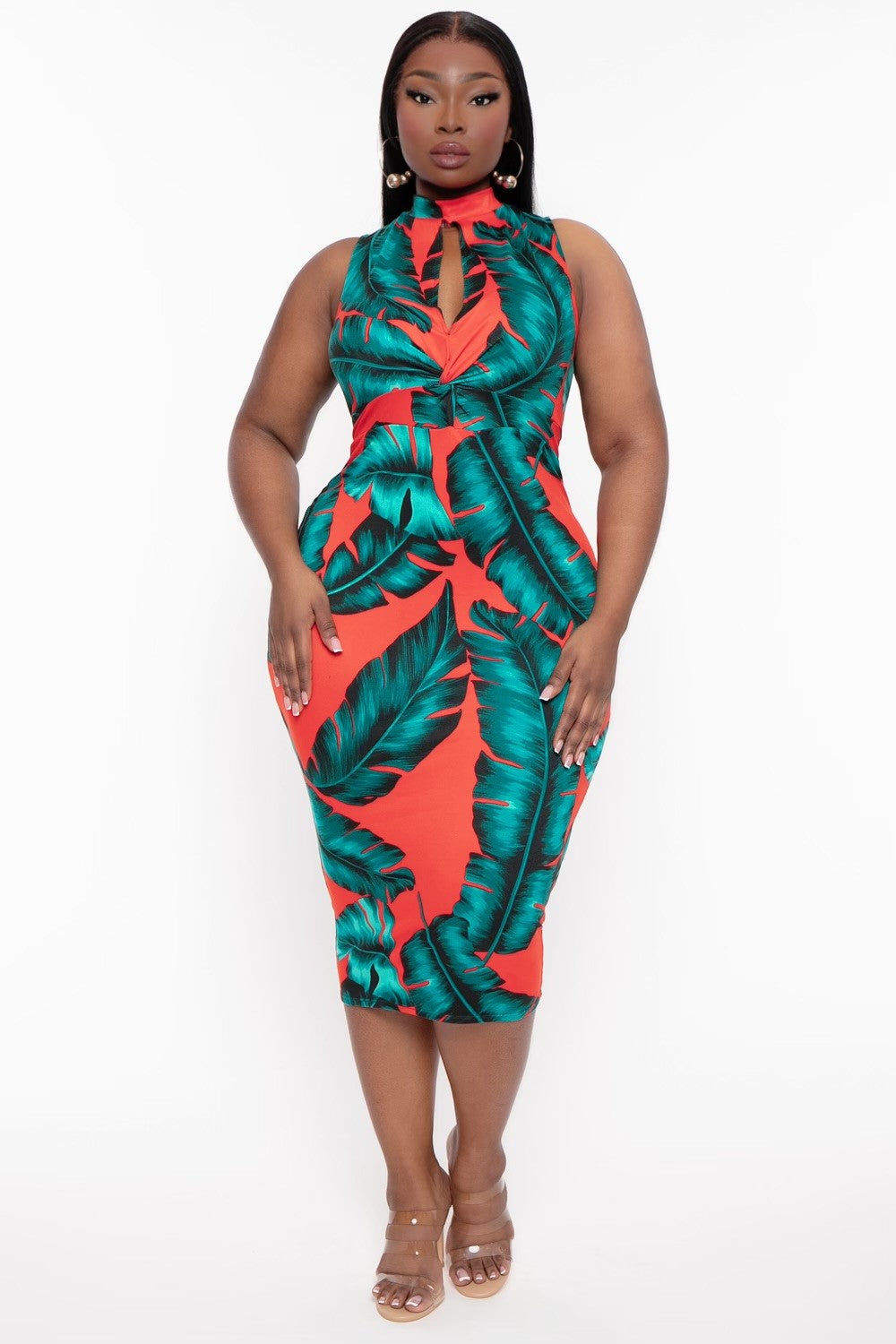 Curvy Sense Dresses Plus Size Keyhole Tie Knot Palm Print Dress- Orange