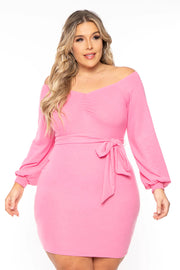 Curvy Sense Dresses 1X / Pink Plus Size Kiera Sweetheart Sweater  Dress- Pink