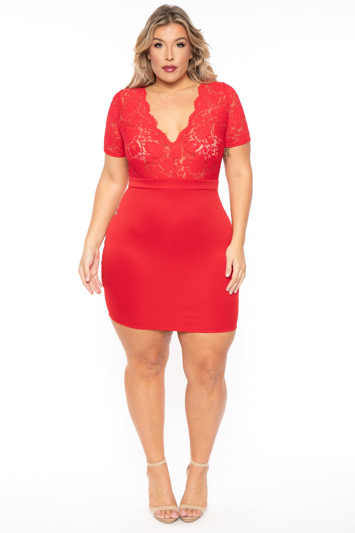 Curvy Sense Dresses 1X / Red Plus Size Lace Top Dress - Red
