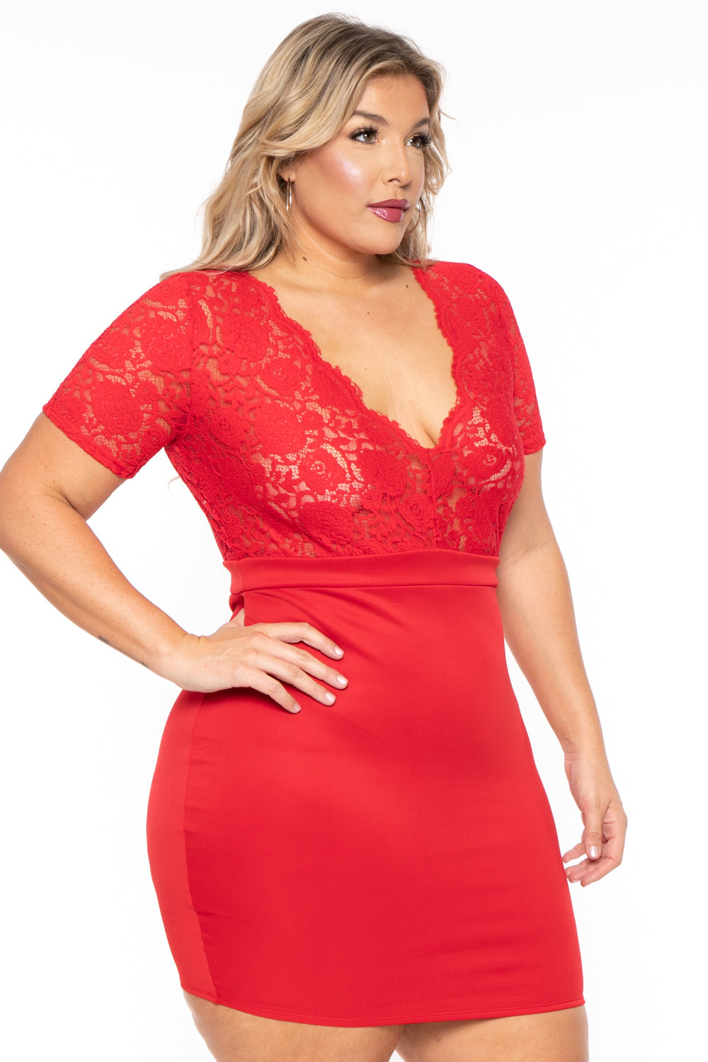 Curvy Sense Dresses Plus Size Lace Top Dress - Red
