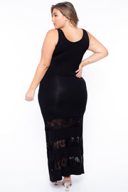 Plus Size Lace Trim Maxi Dress - Black - Curvy Sense