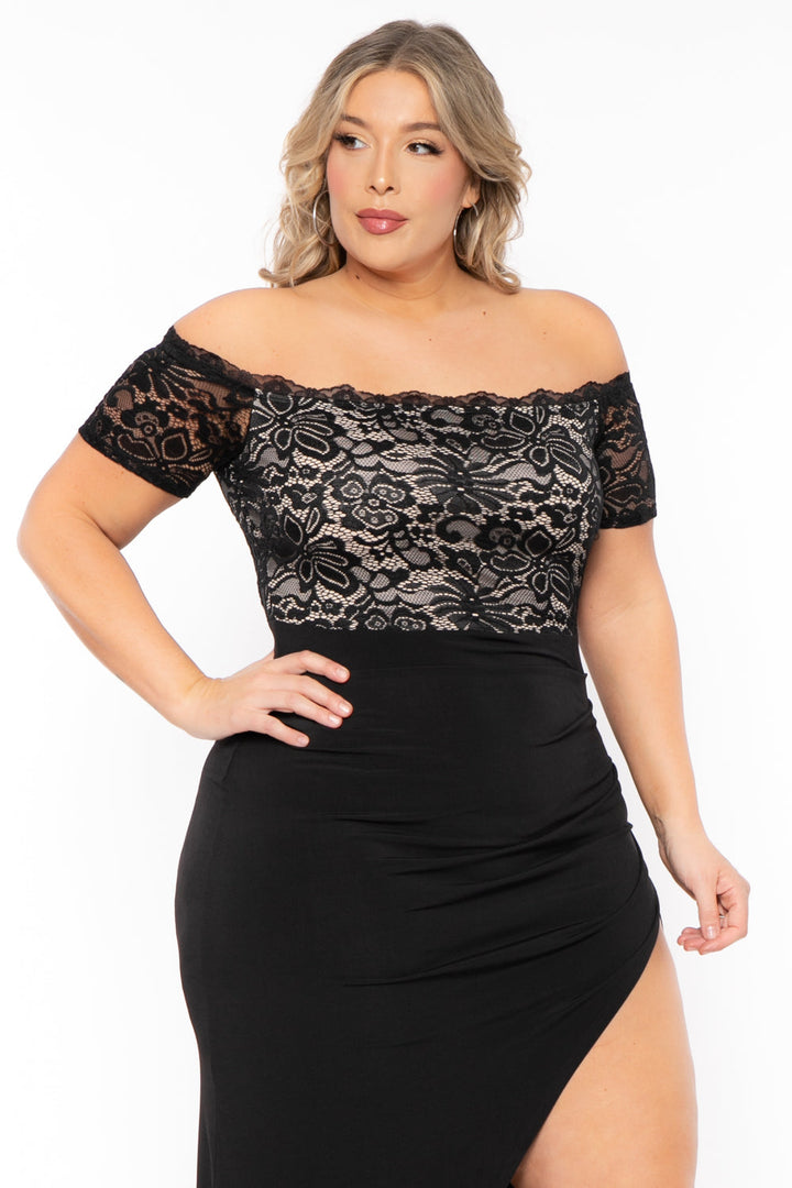 Curvy Sense Dresses Plus Size Layla  Lace Top Maxi Dress - Black