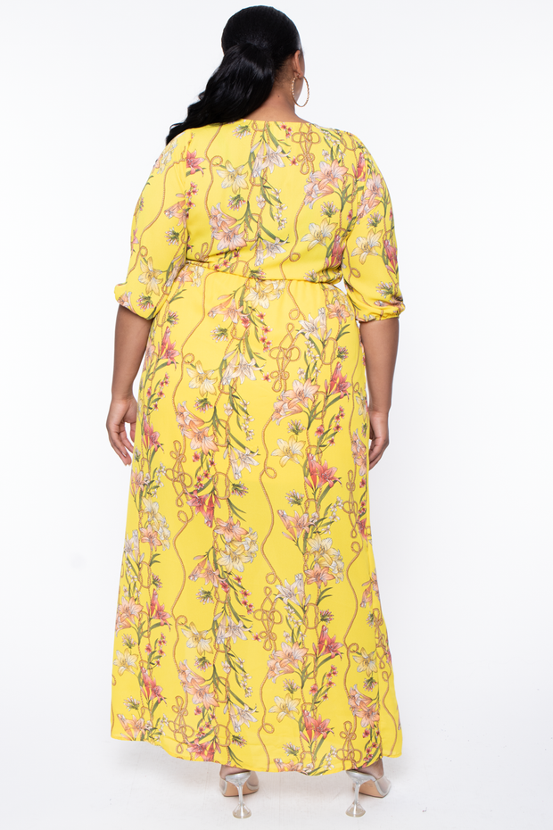 Plus Size Lilies Chiffon Maxi Dress - Yellow - Curvy Sense