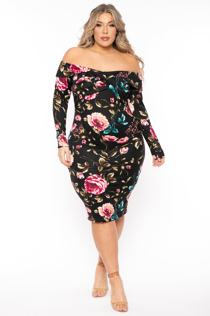 Curvy Sense Dresses 1X / Black Plus Size Lydia Floral Midi Dress- Black