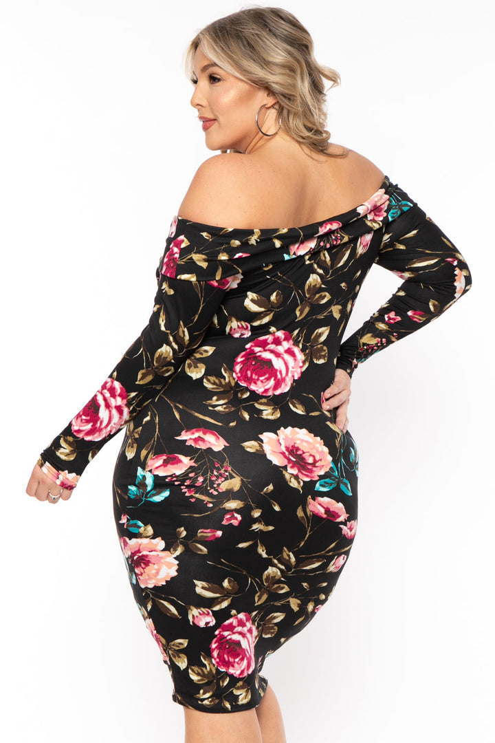 Curvy Sense Dresses Plus Size Lydia Floral Midi Dress- Black