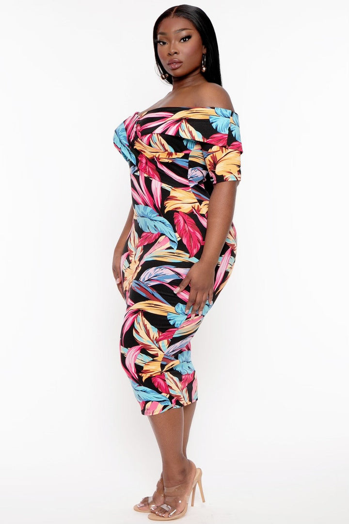Curvy Sense Dresses Plus Size Lydia Leaf Print Dress- Black