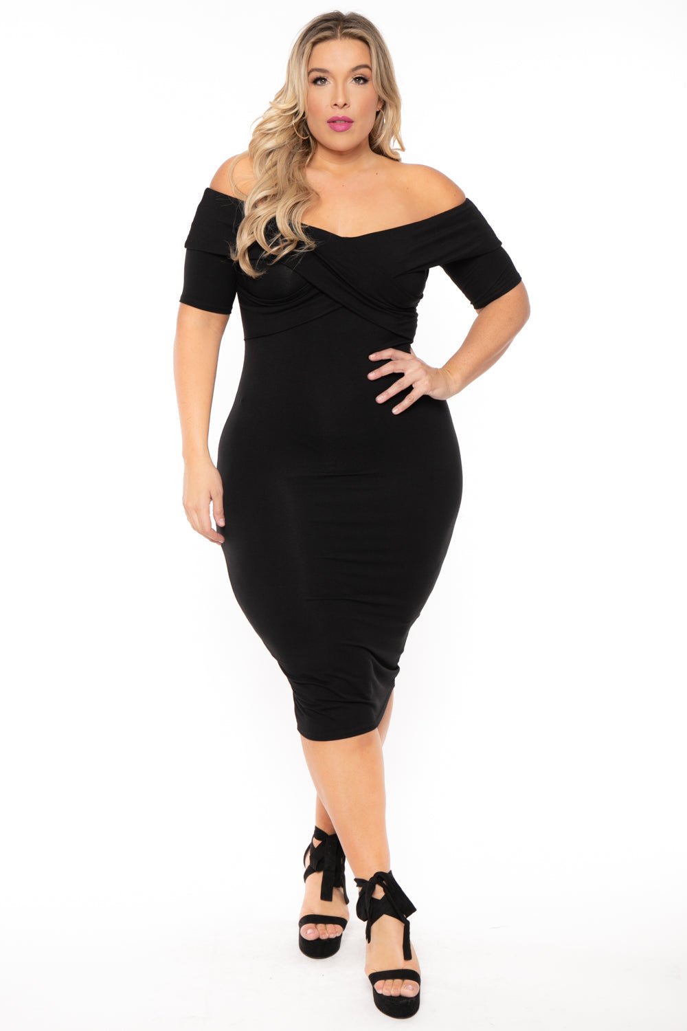 Curvy Sense Dresses 1X / Black Plus Size Lydia Off the Shoulder Short Sleeve Dress- Black