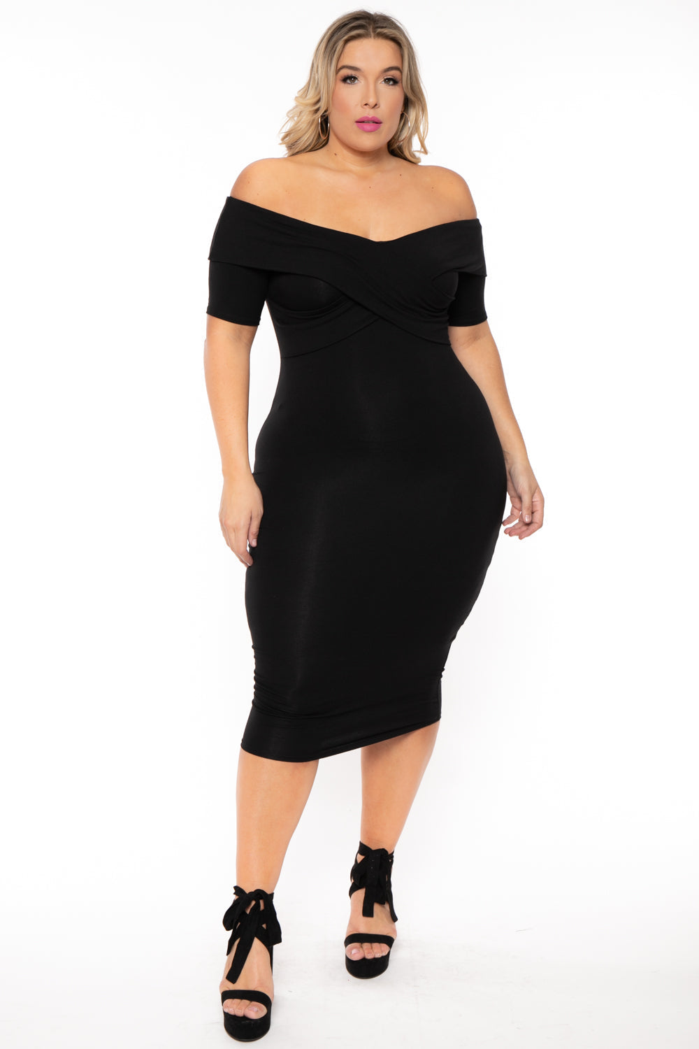 Curvy Sense Dresses Plus Size Lydia Off the Shoulder Short Sleeve Dress- Black