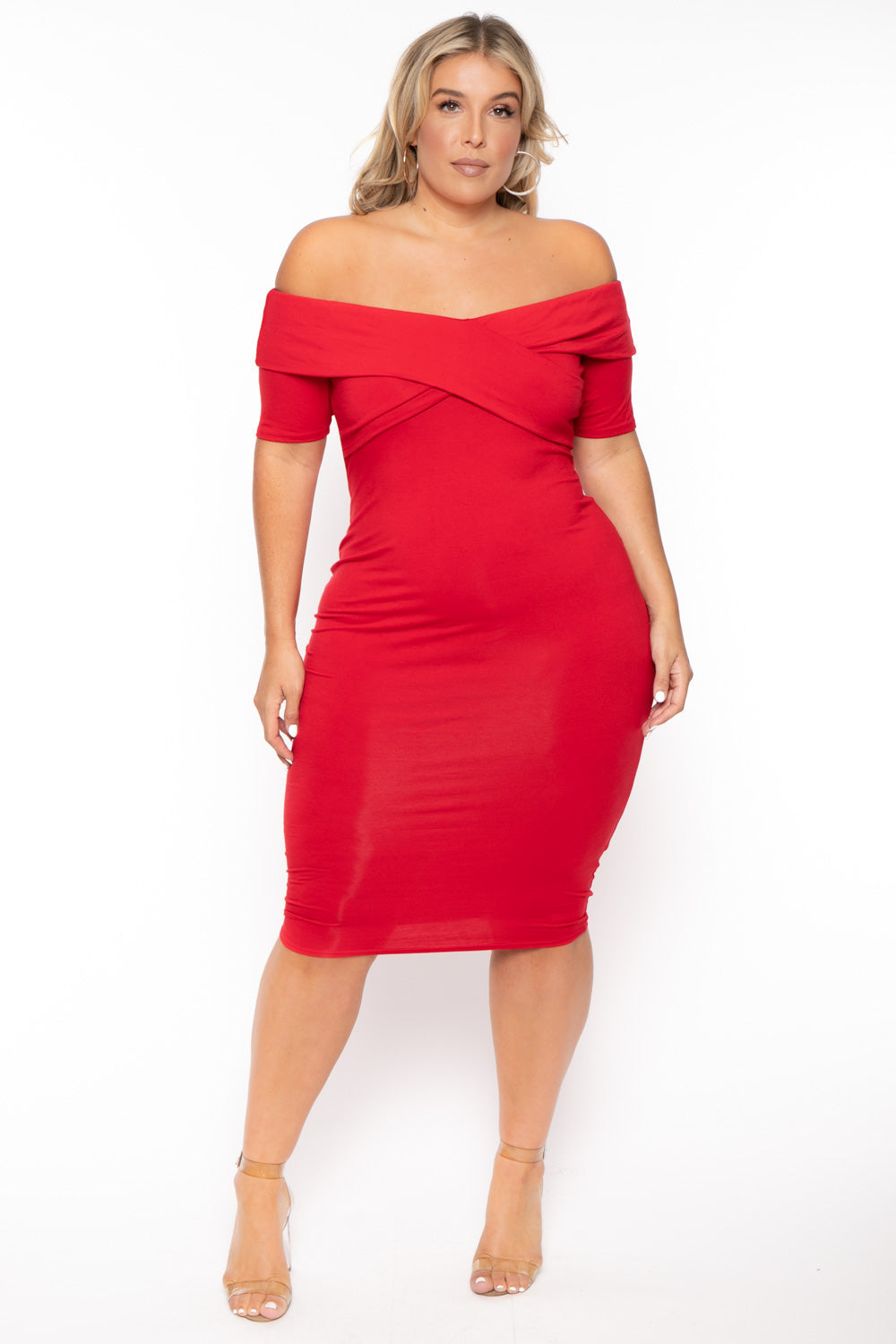 Curvy Sense Dresses Plus Size Lydia Off the Shoulder Short Sleeve Dress- Red