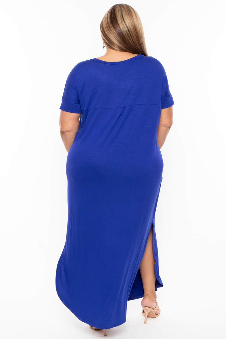 Plus Size Maxi T-Shirt Dress - Bright Blue - Curvy Sense