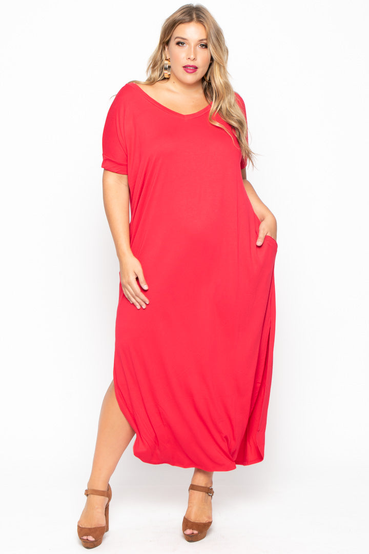 Plus Size Maxi T-Shirt Dress - Red - Curvy Sense