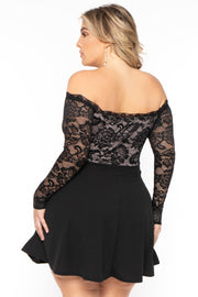 Curvy Sense DRESSES Plus Size Minnie Lace Top Flare Dress - Black