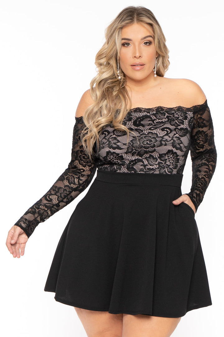 Curvy Sense DRESSES Plus Size Minnie Lace Top Flare Dress - Black