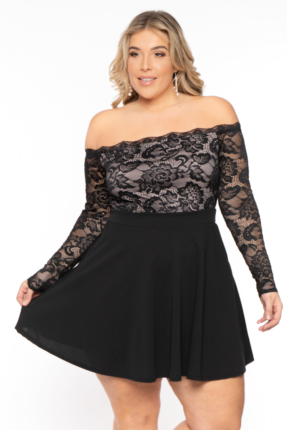 Curvy Sense DRESSES Plus Size Minnie Lace Top Flare Dress - Black