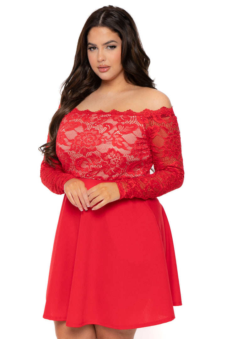 Curvy Sense DRESSES Plus Size Minnie Lace Top Flare Dress - Red
