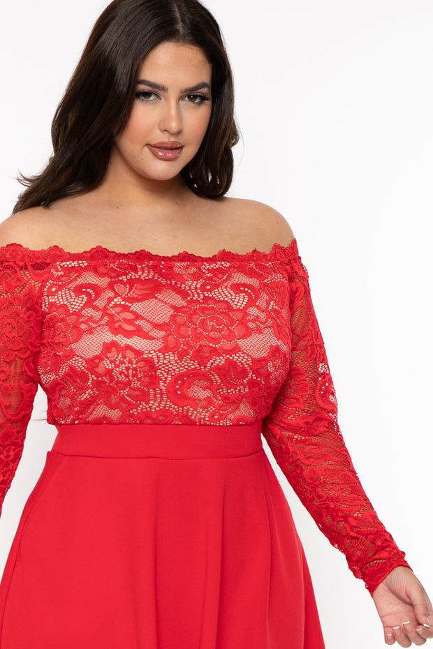 Curvy Sense DRESSES Plus Size Minnie Lace Top Flare Dress - Red