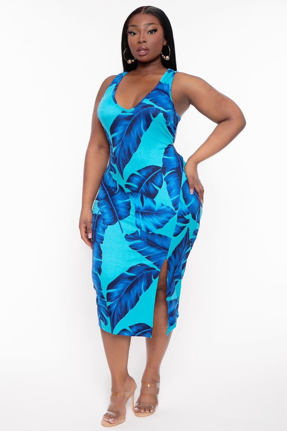 Curvy Sense Dresses Plus Size Must Have Bodycon Palm Print Dress - Blue
