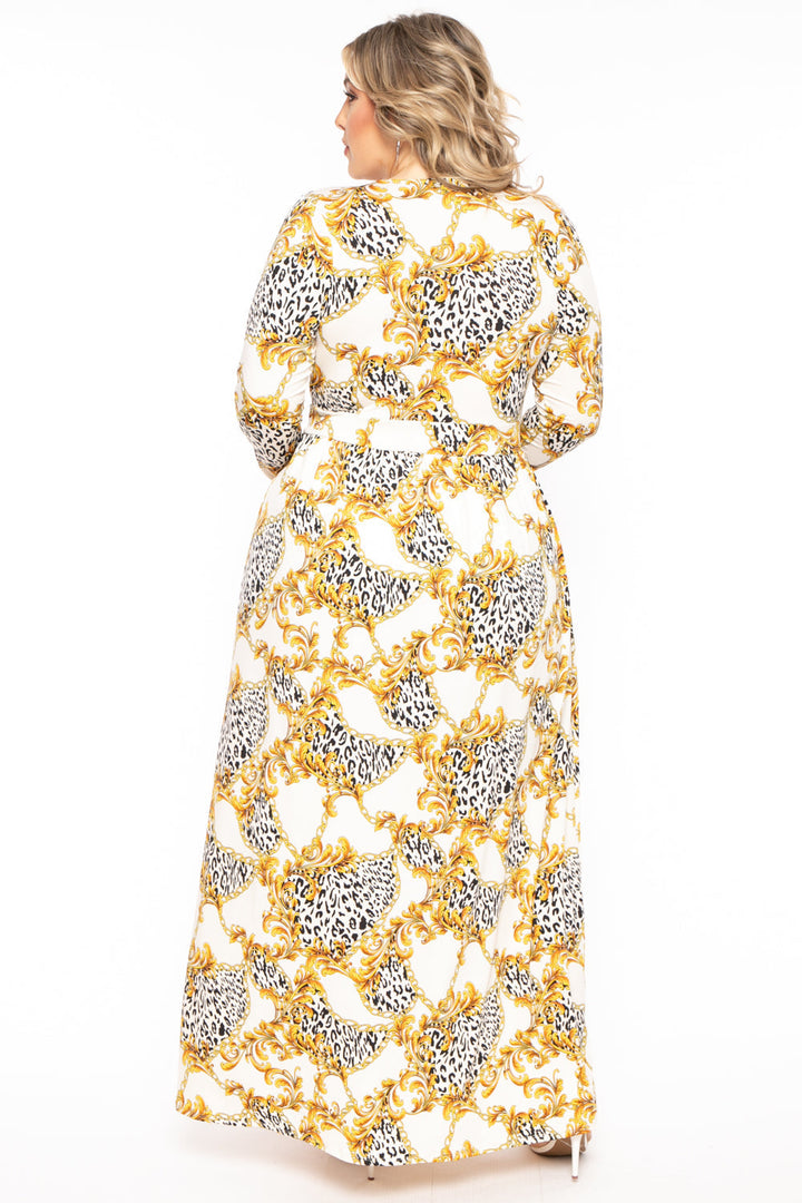 Curvy Sense Dresses Plus Size Naomi Baroque Print M-Slit Dress- Ivory