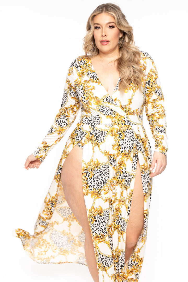 Curvy Sense Dresses Plus Size Naomi Baroque Print M-Slit Dress- Ivory