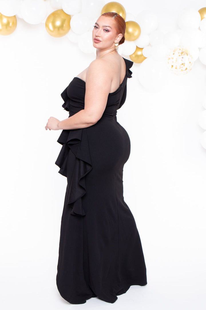 Plus Size Riku Asymmetric Ruffle Gown - Black - Curvy Sense