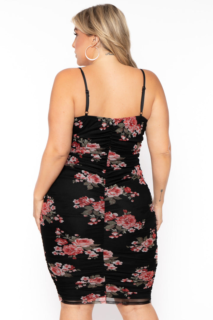 Curvy Sense Dresses Plus Size Rose Garden Mesh Ruched Dress 2.0 - Black