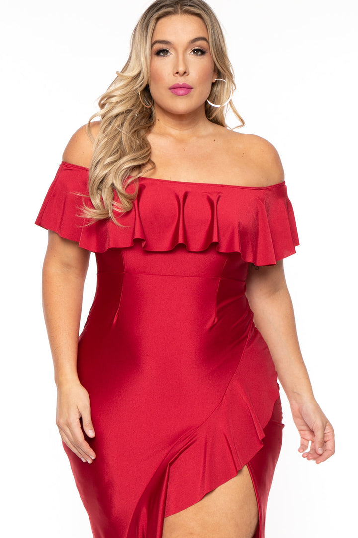 Curvy Sense Dresses Plus Size Samba Frill Bodycon Dress - Ruby