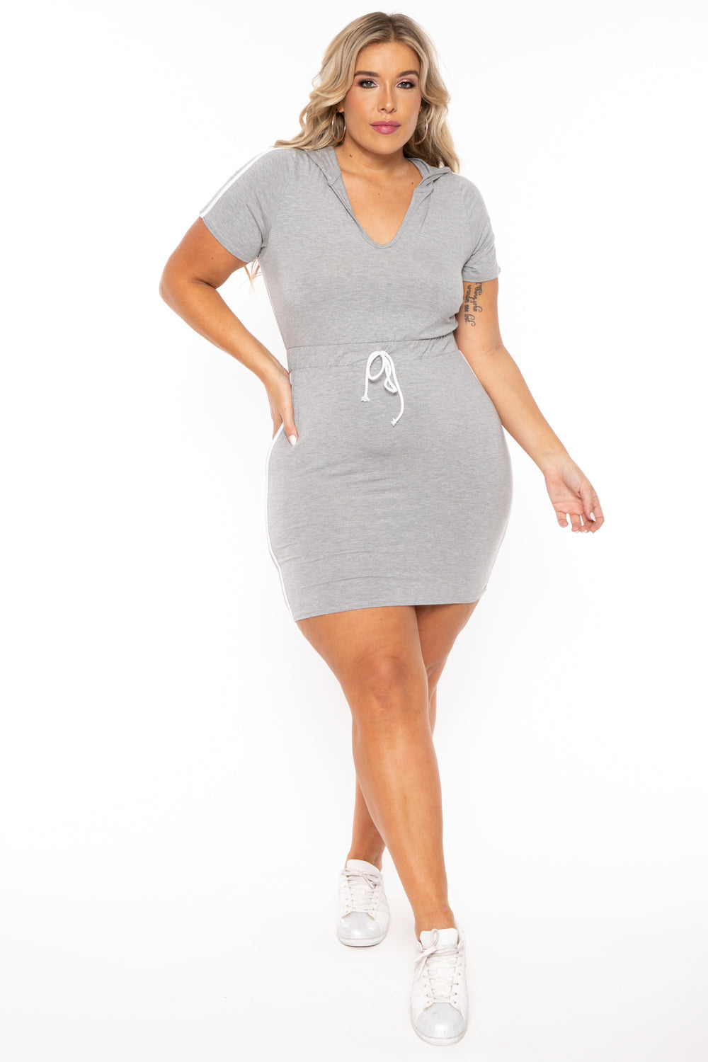 Curvy Sense Dresses 1X / Heather Grey Plus Size Sporty Varsity Stripe Hoodie Dress -  Heather Grey