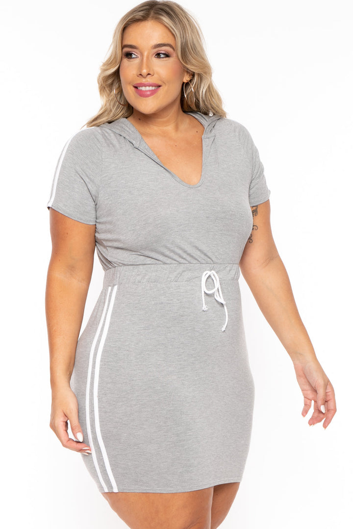 Curvy Sense Dresses Plus Size Sporty Varsity Stripe Hoodie Dress -  Heather Grey