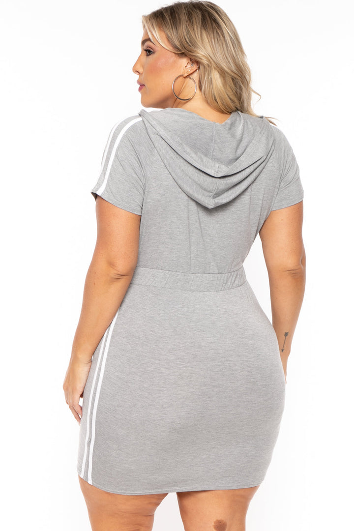 Curvy Sense Dresses Plus Size Sporty Varsity Stripe Hoodie Dress -  Heather Grey