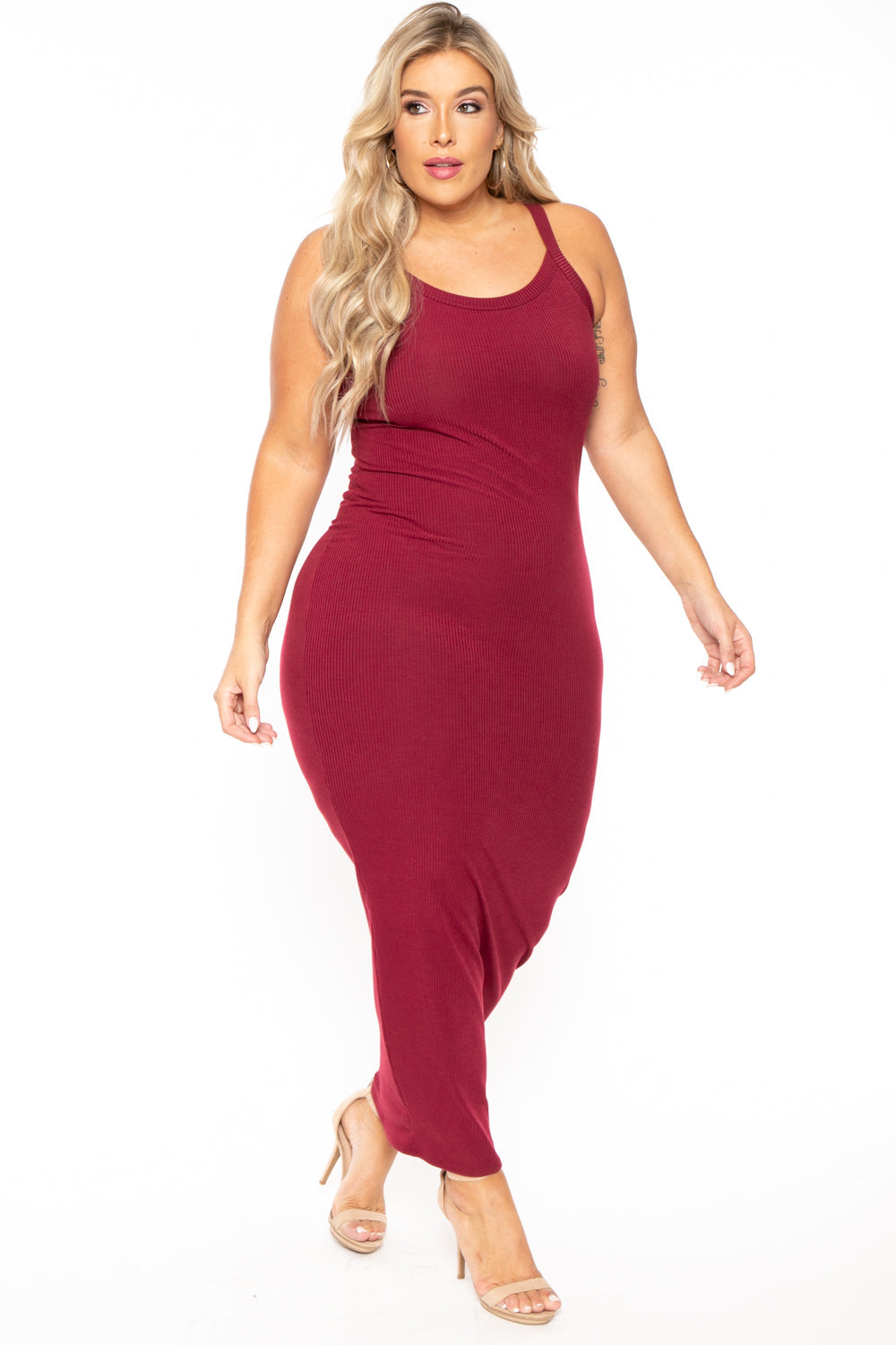 Curvy Sense Dresses Plus Size Tess Ribbed Maxi Dress - Burgundy